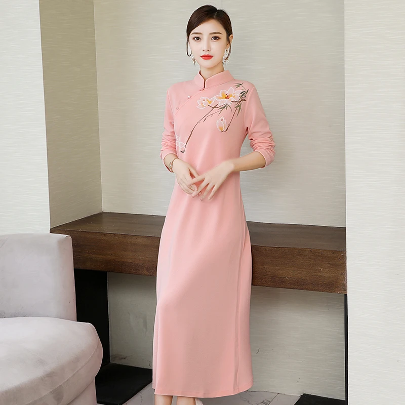 Китайское платье женское длинное платье cheongsam с длинным рукавом Женский Повседневный улучшенного качества qipao цветочный принт Восточный chipao