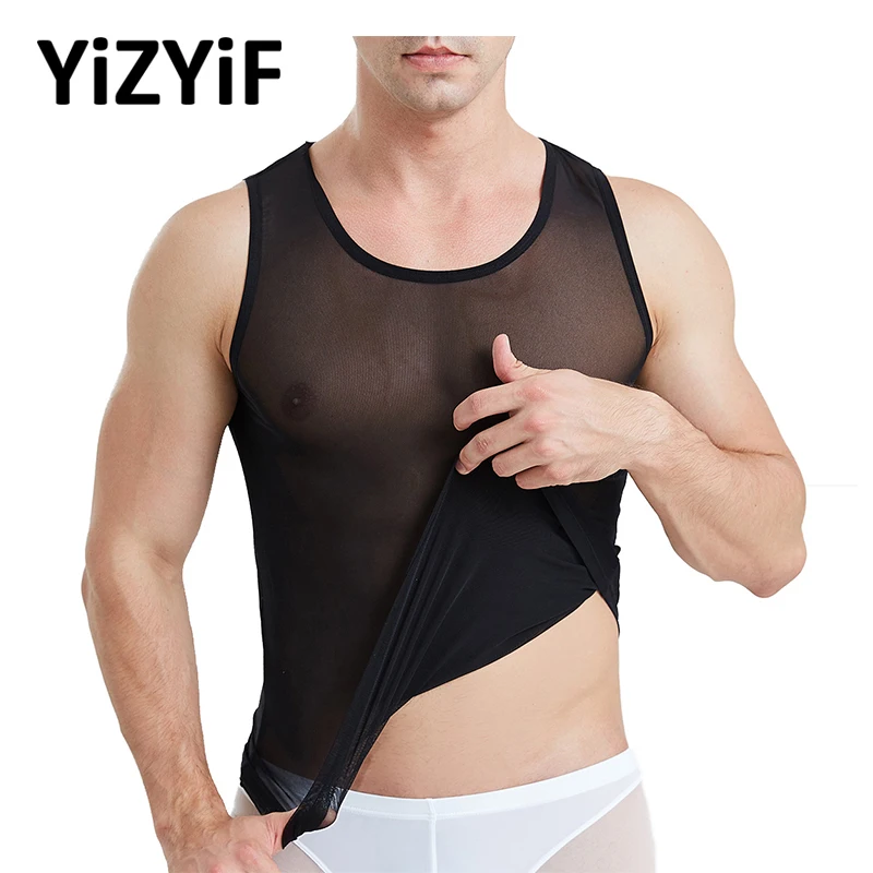 Men Swimwear Tops See Through Sheer Mesh Swimsuit Tank Top Sexy Muscle Vest Male Summer Rave Party Beach Wear Tanks Bathing Suit | Спорт и