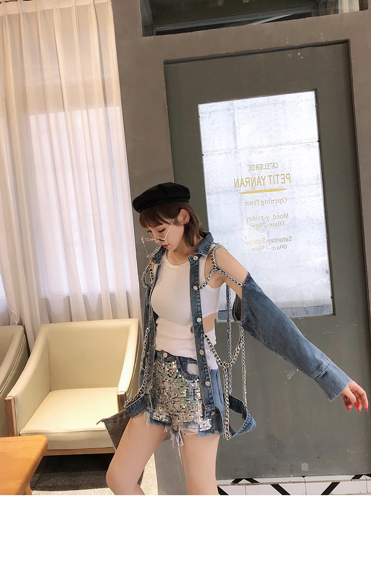 Уличная Harajuku панк хип хоп сексуальная полый через металлическую цепочку Готическая джинсовая куртка Свободное пальто джинсовые женские вечерние для сцены клуба