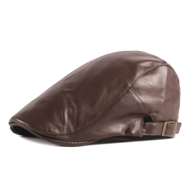 PU Leather Beret Hat For Men Imitation leather Herringbone Berets  Flat Peaked Forward Cap Women Solid Black Red Newsboy Hats Brown
