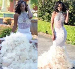 Luxury High Neck Mermaid Wedding Dress With Ruffles Chic Illusion Pearls Beads African Bridal Party Gowns Vestido De Noiva