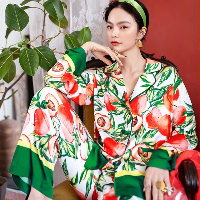 2021 Spring Autumn Turn-down Collar Tropical Printed Silk Satin Pajamas Set Sleepwear Loungewear for Women Pyjama Femme 2 Pieces as picture