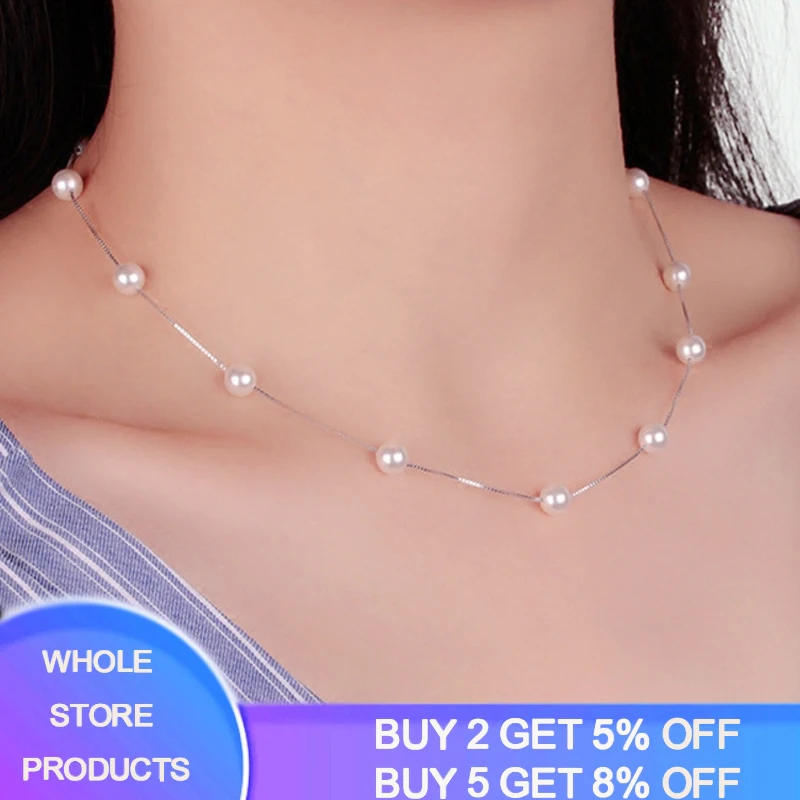 

YANHUI 925 Sterling Silver Jewelry 12 PCS 6mm Freshwater Pearl Box Chain Choker Necklace kolye collares bijoux femme DN170