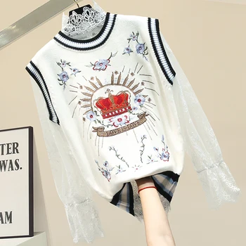 

Spring Clothing Women's Chiffon Long Sleeve Lace Blouse + Embroidery Flower Waistcoat Two-Piece Set Sweater Blouse Ladies Tops