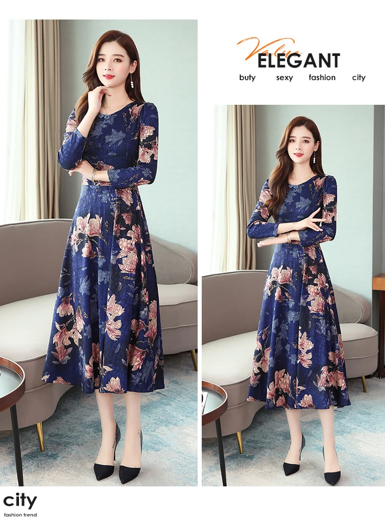 Винтажные синие платья миди в китайском стиле Осень Зима Плюс Размер Платье макси с длинным рукавом элегантные женские вечерние платья
