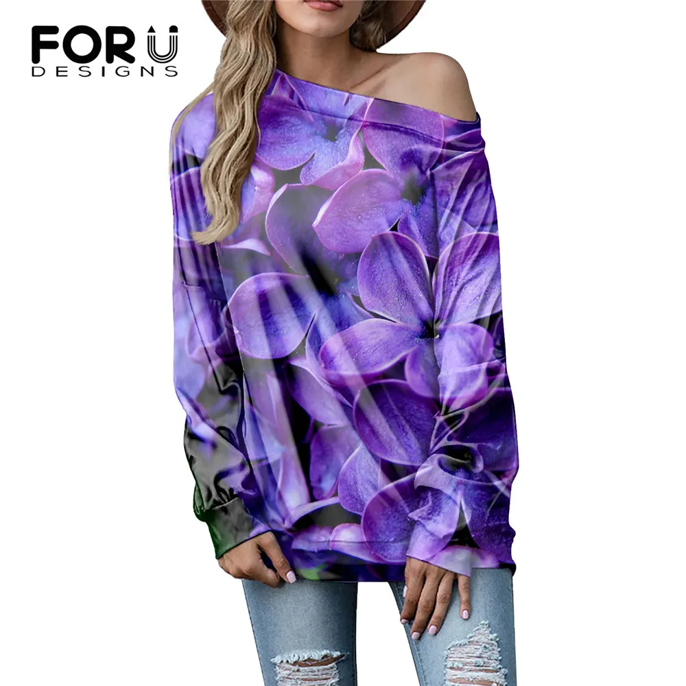 

FOURDEIGNS Purple Lilac 3D Flowers Pattern Women's T shirts Long Sleeve Slim One Shoulder Tops for Ladies Female Casual Clothes