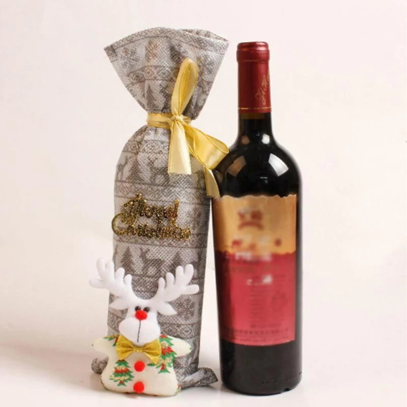 Navidad красный и зеленый винные бутылки крышки сумки милые рождественские бутылки крышка с бантом держатели для подарков ужин дома вечерние украшения стола