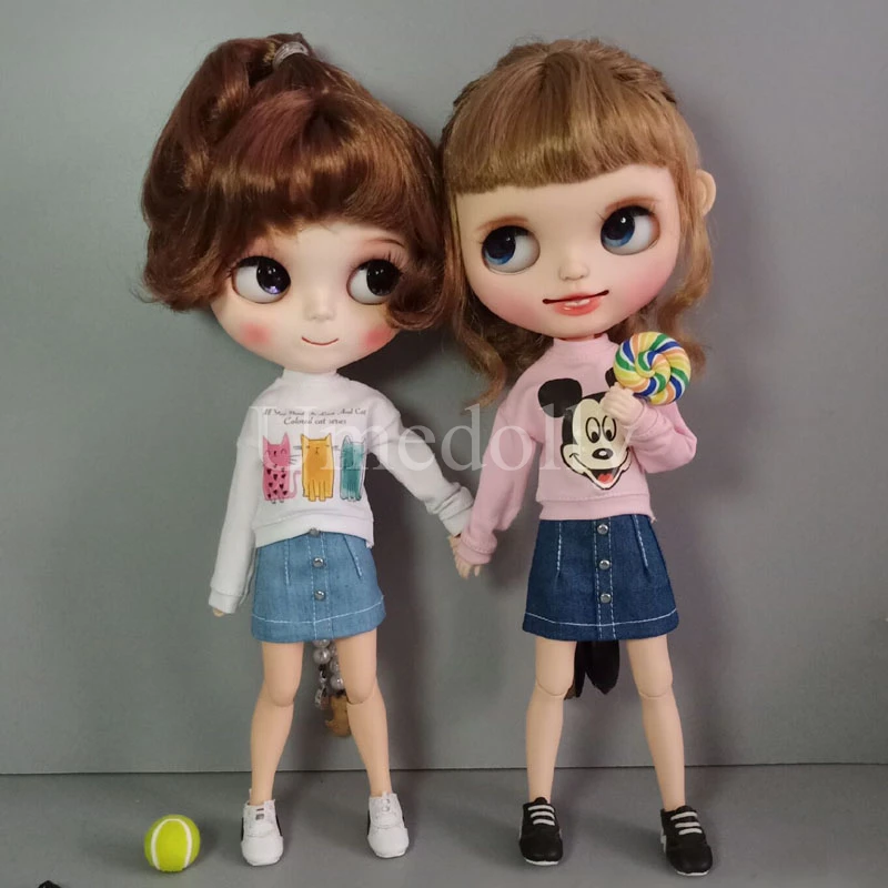 1 предмет, футболка с длинными рукавами и рисунком+ джинсовая юбка для Blyth Azone S Obitsu 24, Одежда для кукол, наряды, аксессуары
