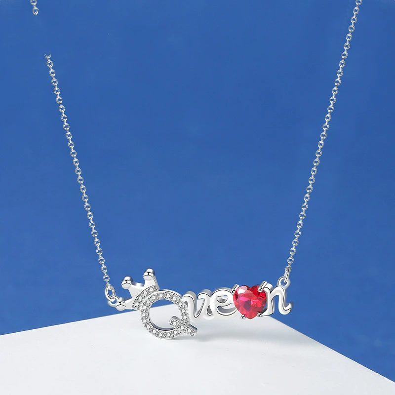 

Keeper S925 Sterling Silver Red Heart Crown Pendant Necklace Letter Queen Neck Chains Wedding Fine Jewelry for Women Love Gift