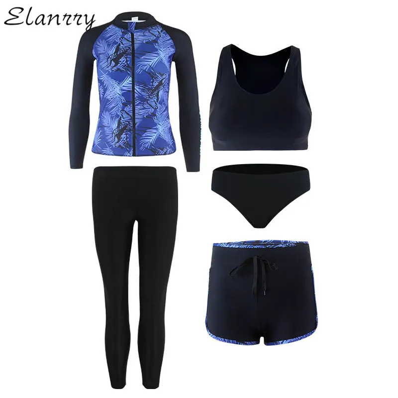 Women Sport Swimsuit Summer 5 Pieces Swimwear Long Sleeves+Long Pants Surfing Suit 5XL Rashguards Padded
