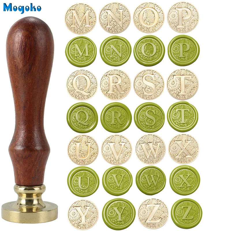 Mogoko 뜨거운 식물 시리즈 왁스 인감 스탬프 레트로 우드 클래식 씰링 왁스 스탬프 병 카드 봉투 장식 26 글자 A-Z 알파벳