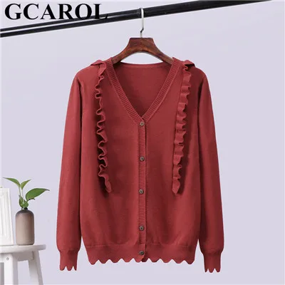 Rust red GCAROL женский однобортный Кардиган с v-образным вырезом с оборками обычная, высокая, на выход эластичный вязаный свитер осень зима теплый трикотаж - Цвет: Rust red