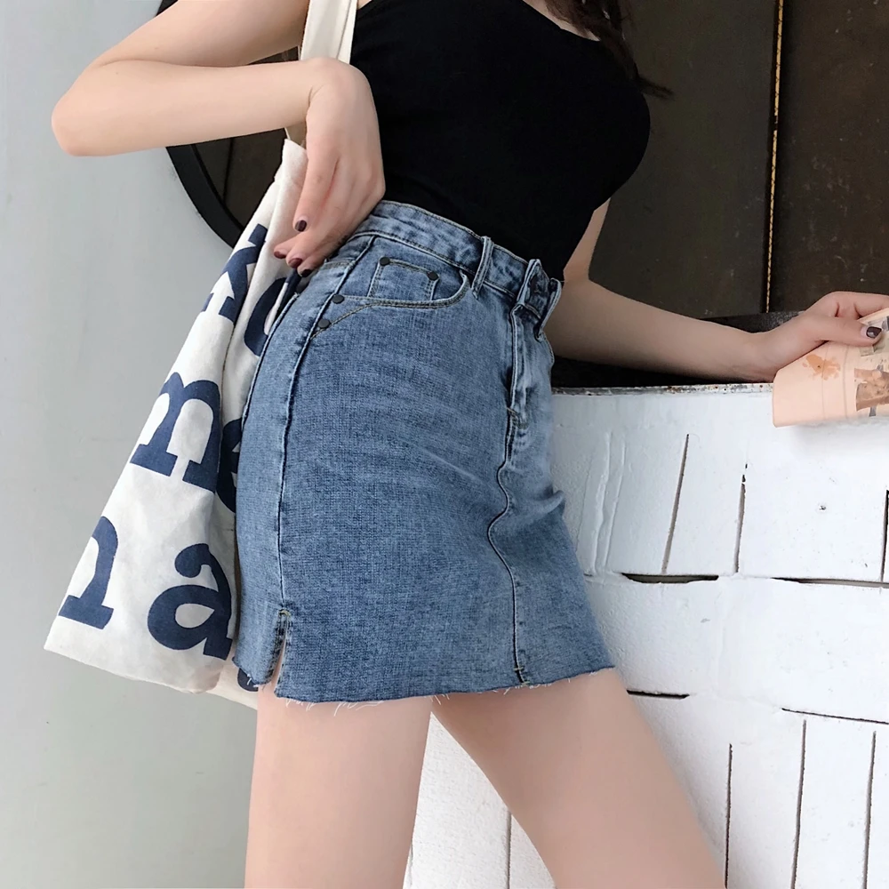 Street Wear Blue Black Casual Mini Denim Skirt 2019 Spring Summer New Women Pencil Skirt Pocket Jeans Skirt Midi Waist Skirts