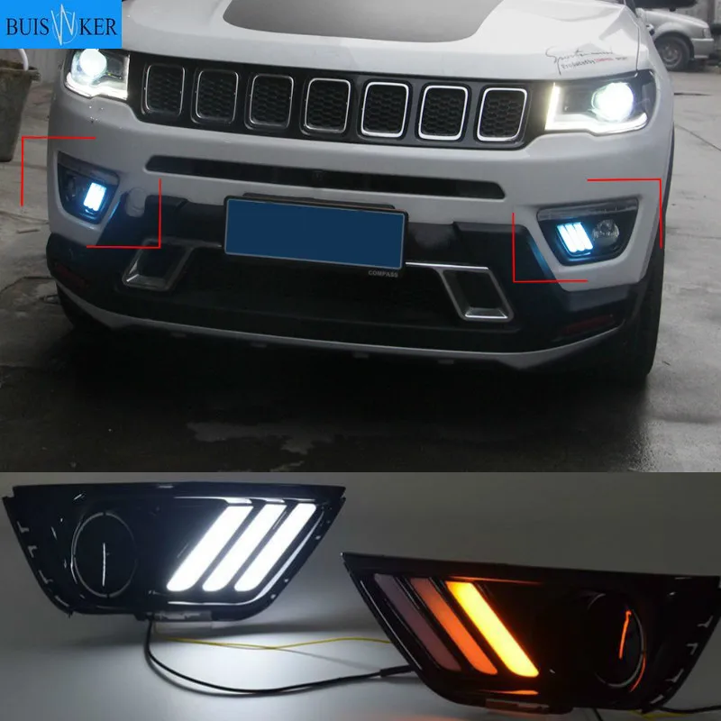 

1 set LED DRL Daytime Running Lights 12V Fog Lamp Cover With turnning yellow signal Lamp For Jeep Compass 2017 2018 2019