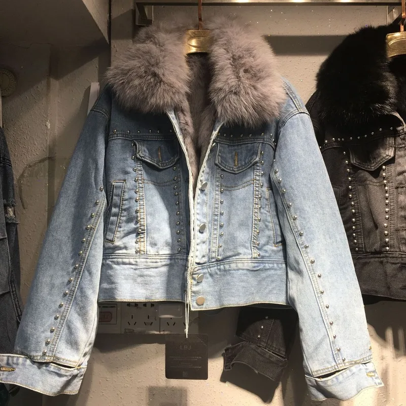 

2019 winter women thick warm rivets denim jackets casual real rabbit fur lining single breasted short jeans coats w1918
