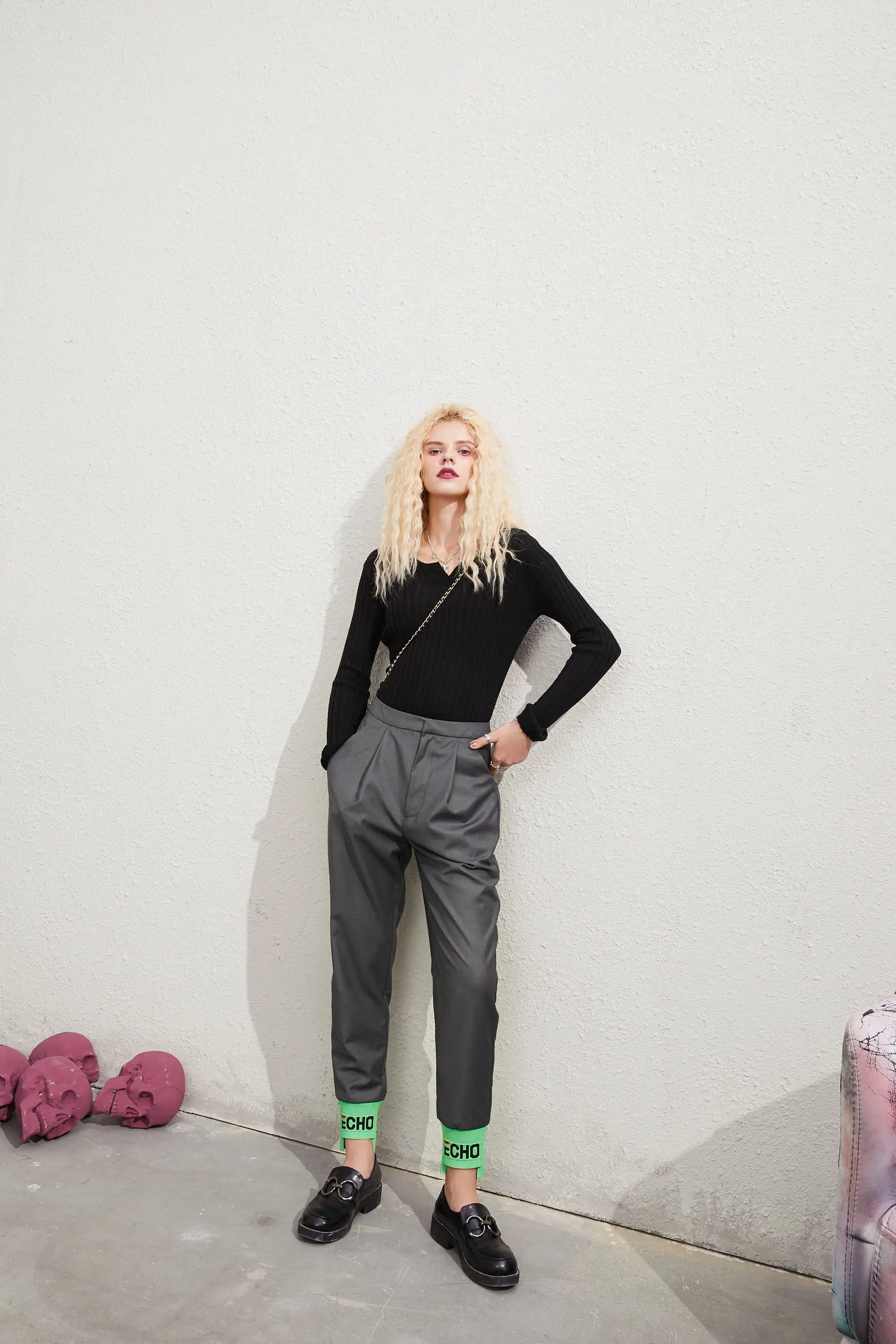 ELFSACK Solid Minimalist Straight Casual Women Harem Trousers,2020 Autumn ELF Colorblock High Waist Korean Ladies Daily Bottom