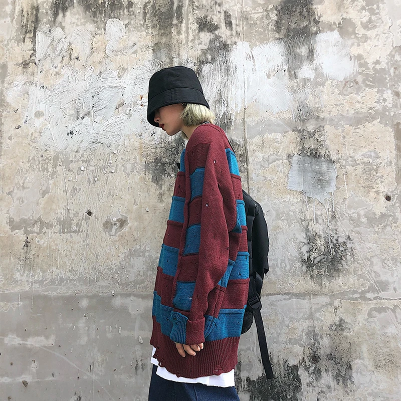 Winter Sweater Men Warm Fashion Contrast Color Casual Knit Sweaters Man Sweter Clothes Loose Striped Hole Pullover Men