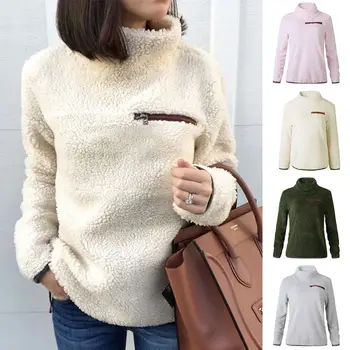 

Women 2019 Autumn Winter Soft Fluffy Ladies Solid Zippers Turtleneck Blouse Female Pullover Tops Shirt