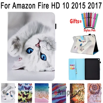

Cute Cat Case for Amazon Fire HD10 2015 2017 Cover PU Leather Painted Soft Shockproof Smart Tablet Shell + Pen