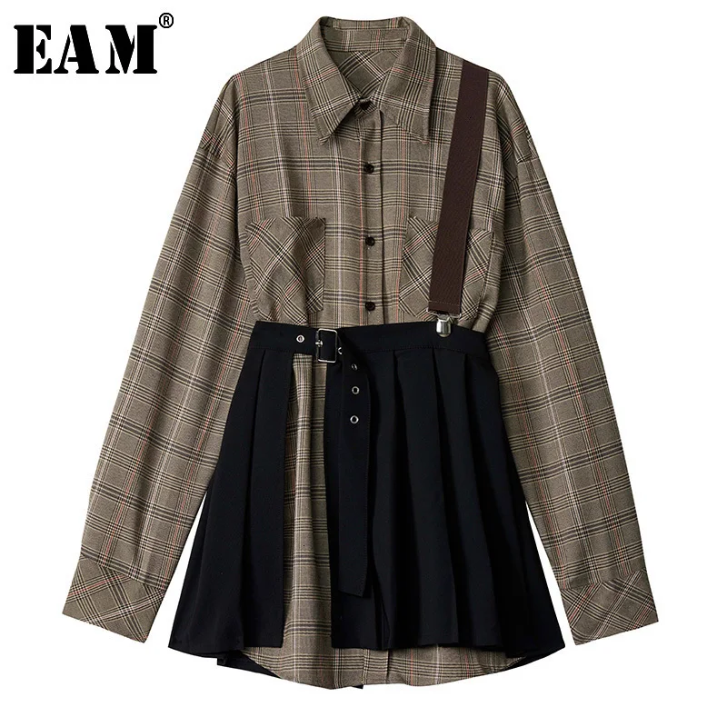[EAM] Women Plaid Pleated Split Two Piece Shirt Dress New Lapel Long Sleeve Loose Fit Fashion Tide Spring Autumn 2020 1D7110