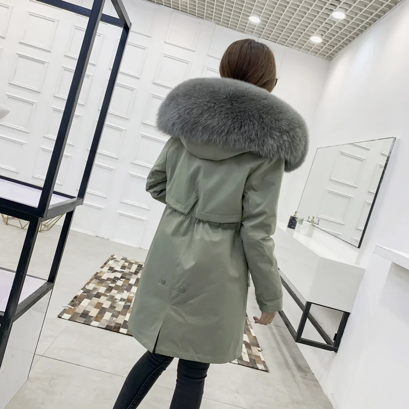 Medium length Женский натуральный Лисий Мех датский мех кролика Рекс парка на меху верхняя одежда, пальто новая модная одежда - Цвет: Medium length