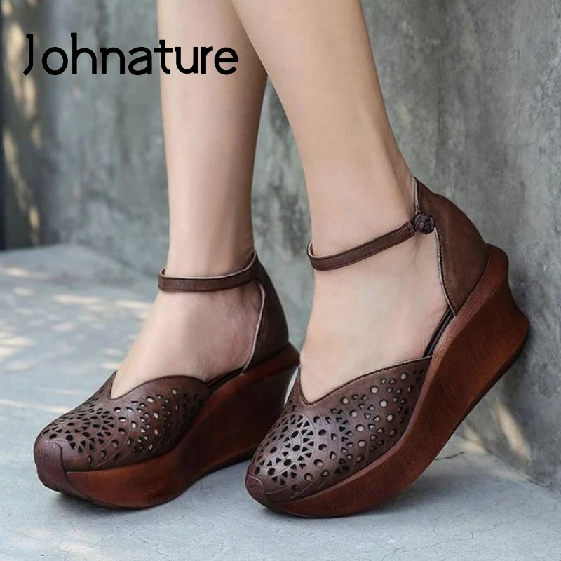 Johnature 2022 Summer New Sandals Genuine Leather Women Shoes Retro