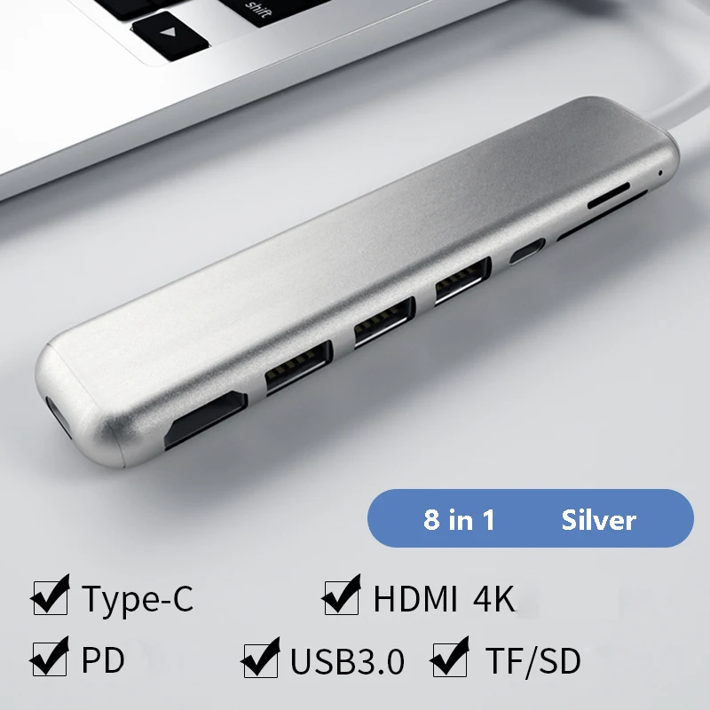 Тип-c usb Thunderbolt 3 концентратор док HDMI SD TF карта портовый концентратор для Macbookpro huawei Sumsung Xiaomi планшет OTG адаптер - Цвет: 8 in 1 silver