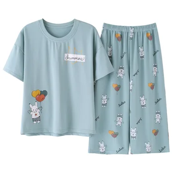 

2020new Summer cotton pajamas set women sweet cartoon short-sleeve T-shirt+cropped trousers two-piece suit fashion home clothing