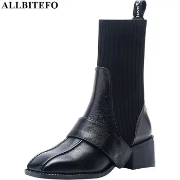 

ALLBITEFO real genuine leather brand casual women boots mid-calf boots new fashion ladies winter leisure girl shoes long boots