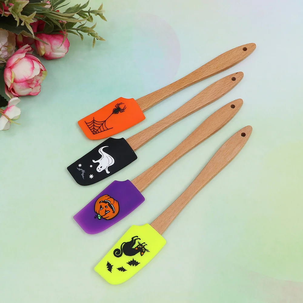 4pcs Halloween Wooden Handle Silicone Scraper Cream Spatula Baking Gadget Baking Supplies Kitchen Utensil for Home Bakery (Ghost