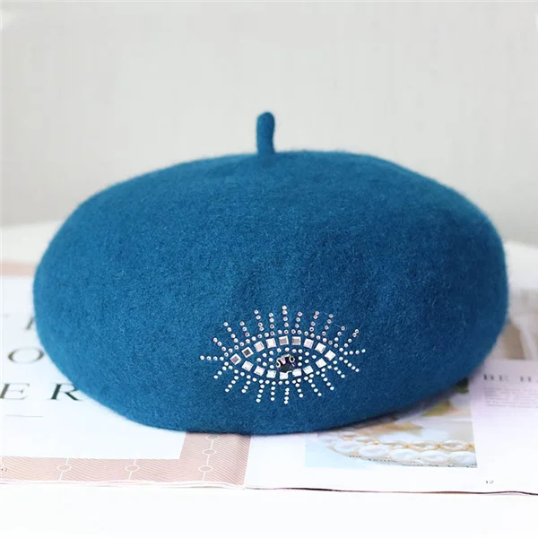 Blue Осень зима женские шерстяные береты шапки Новые Дамские модные стразы декор с изображением глаз береты Винтажный стиль художника женская шапка художника - Цвет: Blue