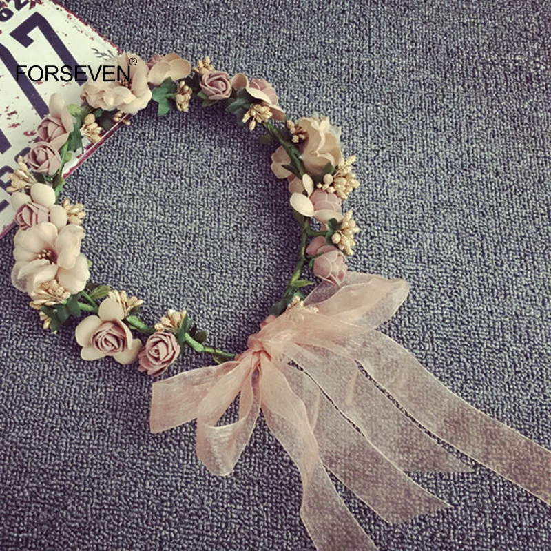 Hair Accessory Artificial Flower Wreath with Ribbon Hairband Handmade Wedding Headbands Flowers Garland Wreath for Women