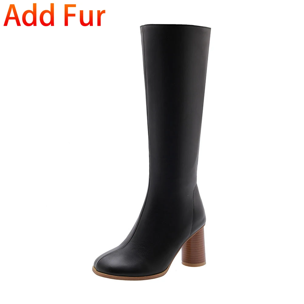 black thick fur SARAIRIS/Новые Брендовые женские туфли на высоком квадратном каблуке, большие размеры 32-48 Женские Повседневные Вечерние ботинки до середины икры на осень и зиму - Color: black thick fur