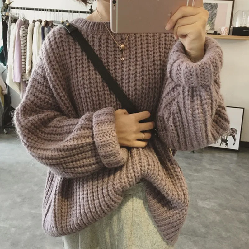 

Women Autumn Winter Knit Sweater Solid Color Loose Long-Sleeved Round Collar Loose Bottom Knit Sweater
