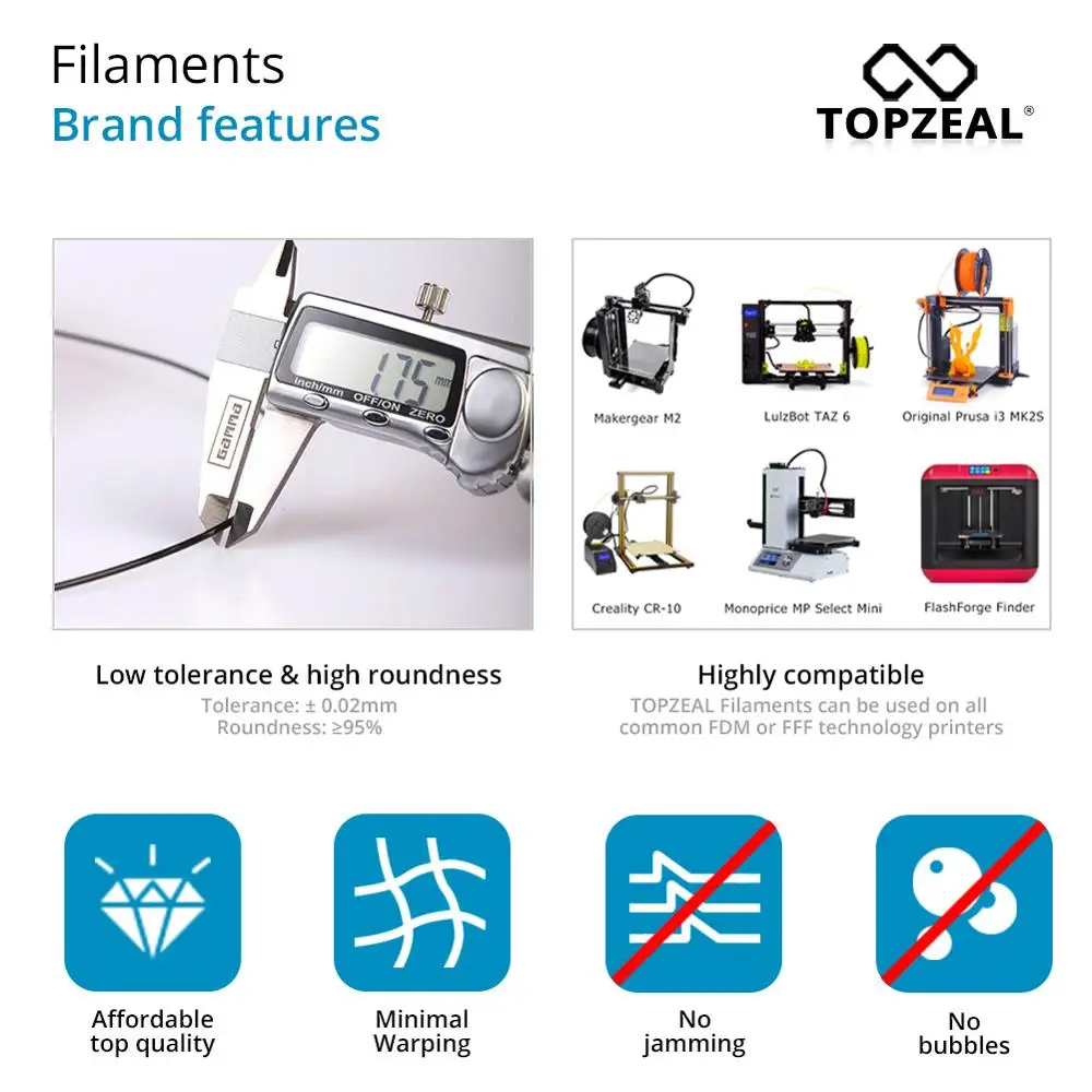 TOPZEAL High Quality PLA/ABS/PETG/TPU/Nylon 3D Printer Filament 1.75mm Spool and 10M*10Colors Sample for 3D Printing Materials