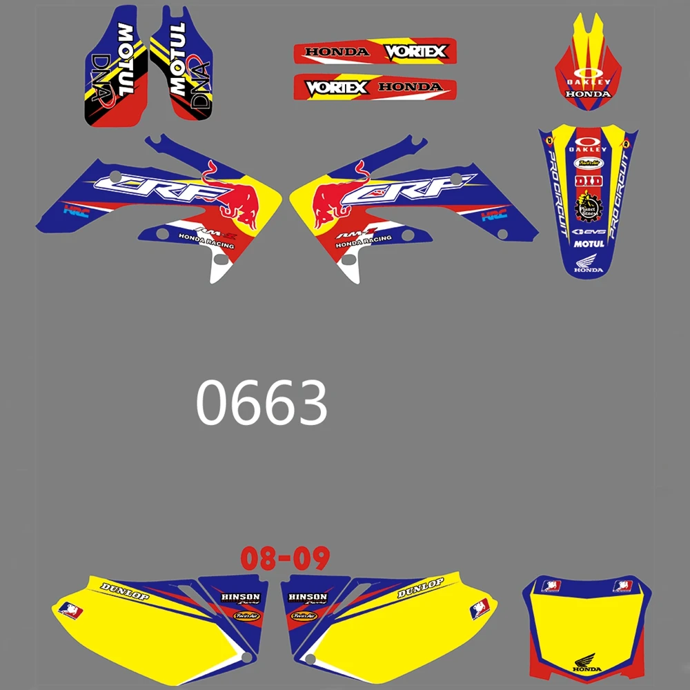 Для HONDA CRF250R CRF250 2008 2009 Графика наклейки на заказ Номер Наименование лента 3M Полный мотоцикл Фоны аксессуары