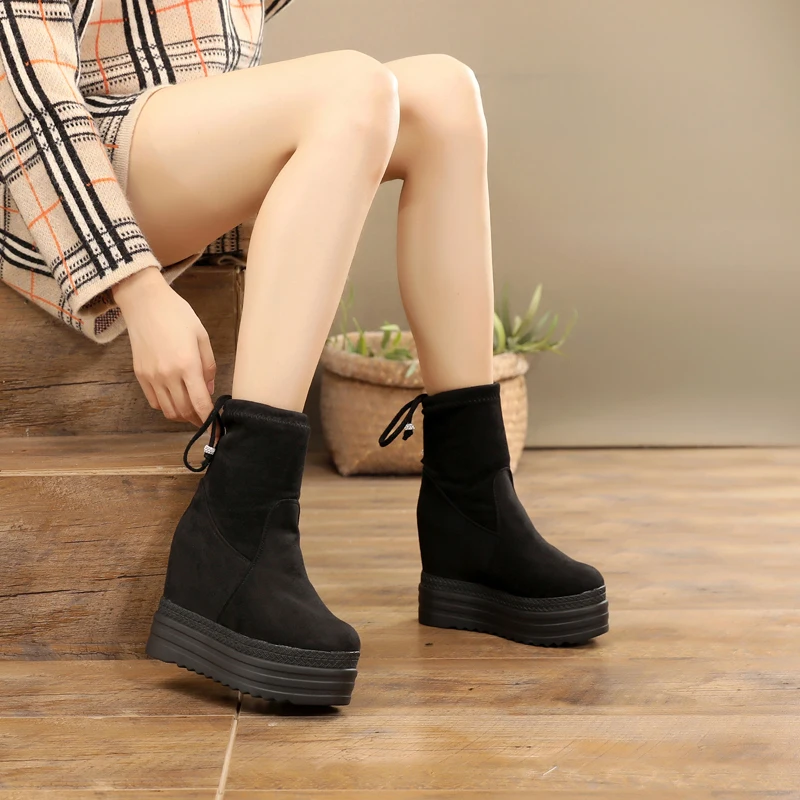 Ботинки женские на высоком каблуке 12 см Черные ботильоны платформе и толстой