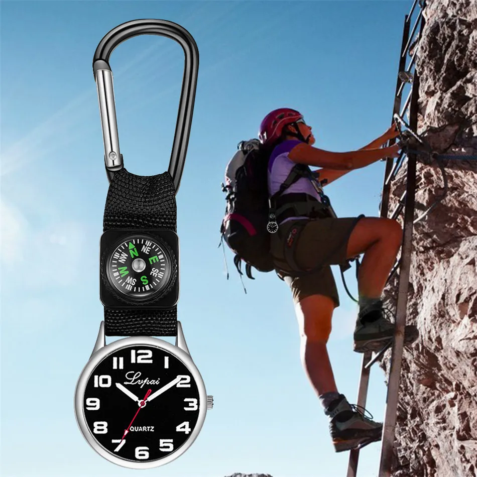 Pocket-Watch Compass Carabiner Pendant Clock Gifts Sport Outdoor Quartz with Nylon Strap