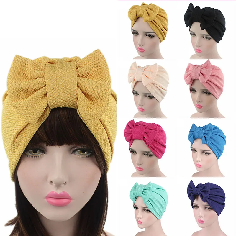 

Muslim Solid Bonnet Womens Big Bowknot Stretch Hijab Turban Hat Scarf Headwear Cap Head Wrap Chemo Beanies Bows Hair Accessories