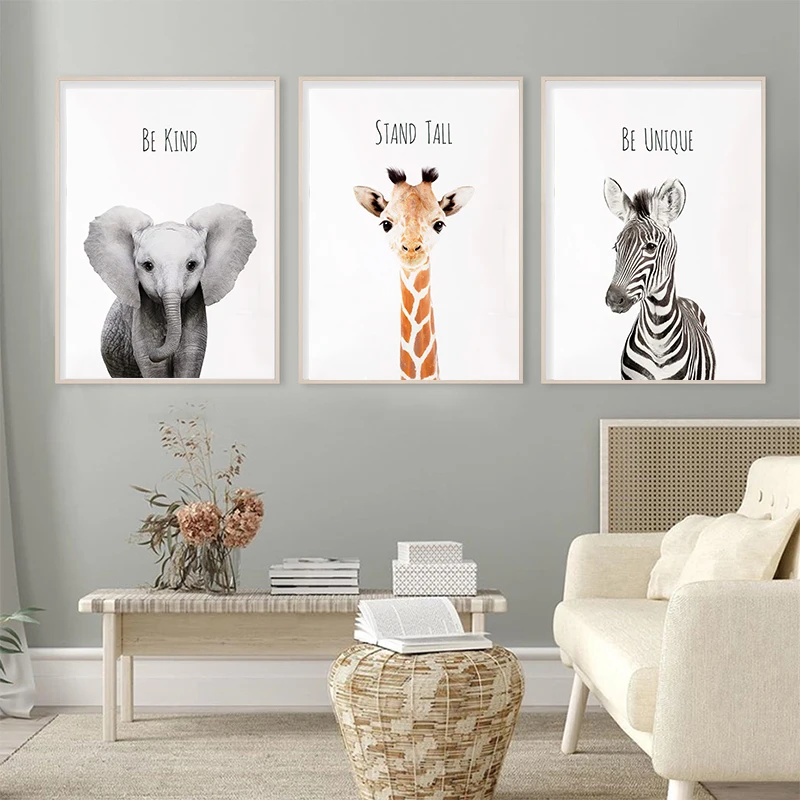 Affiche En Toile Avec Girafe, Zèbre, Éléphant, Tableau D'art Mural