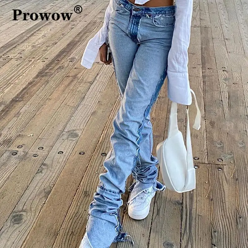 Blue Patchwork High Waist Stacked Jeans 