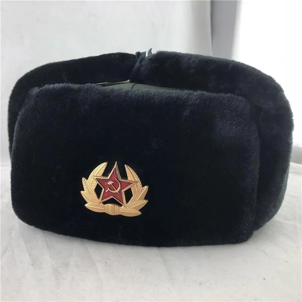 

Soviet Army Military Badge Russia Ushanka Warm Hats Caps Rabbit Winter Women Outdoor Men Earflap Warm Hats Faux Fur Thick L3U8