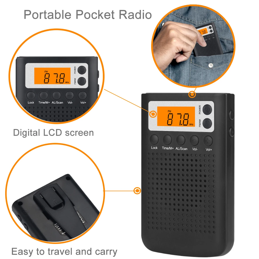 JINSERTA Мини Радио Портативный AM/FM двухдиапазонный стерео карманный радиоприемник с ЖК-дисплеем часы и Предустановленная функция памяти