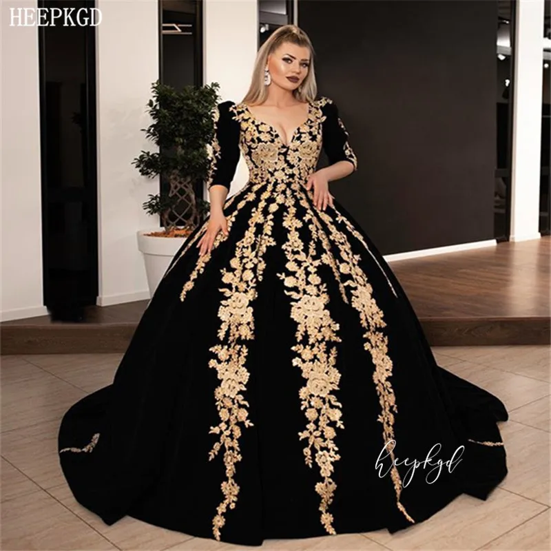Luxury Black Princess Evening Dress Dubai Long Sleeves Sweep Train
