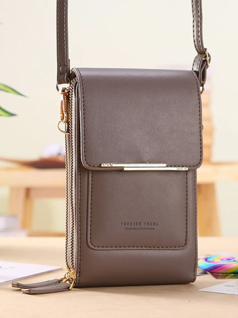 Soft Leather Wallets Touch Screen Mobile Phone Bag for Female Mini Card Holder for Key Coin Purse Vertical Crossbody Money Bags Gray