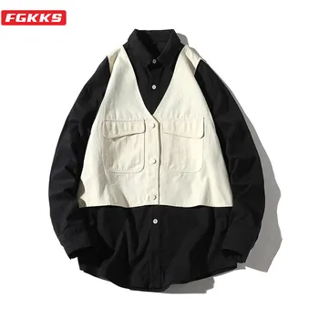 

FGKKS Brand Men Fashion Shirt Men's High Street Long Sleeve Shirt Spring New Male Hip Hop Fake Two Shirts Tops