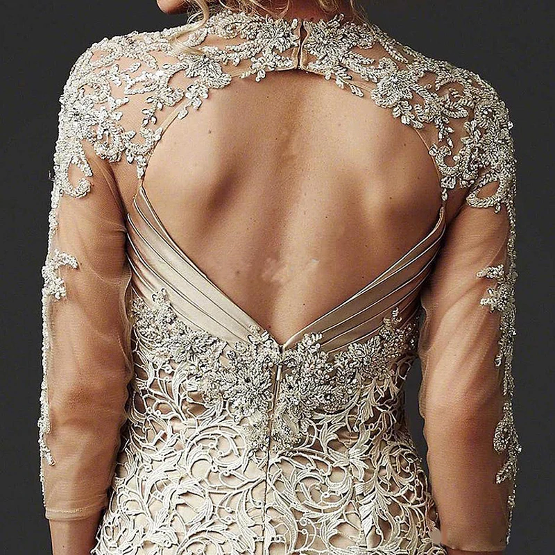 Vestido de festa longo милое вечернее кружевное платье с открытой спиной цвета шампанского с рукавом до локтя, платья для матери невесты