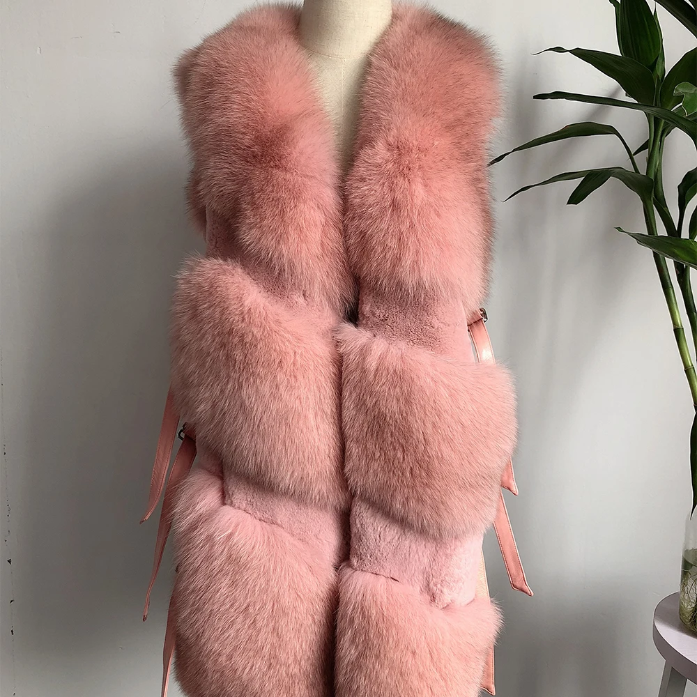 Women Fox Fur Vest Long Coat Spliced with Rabbit Winter Warm Fashion Real Gilet Leather Tie Jacket | Женская одежда