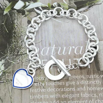 

1: 1 sterling silver 925 classic fashion dark blue enamel heart-shaped ladies bracelet jewelry holiday gift
