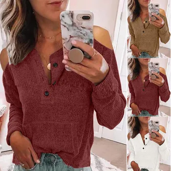 

Blouse Women Shirt Women Tops блузка женская Winter V Neck Shirts Long Sleeve Knit Loose Fitting Warm Top Blouse Free Ship Z4